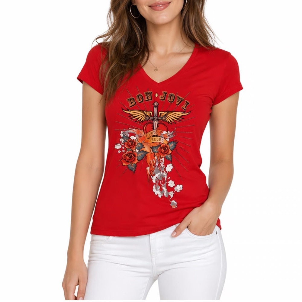 PIMATEE by Pima Apparel Bon Jovi T-Shirt Womens Large Red Graphic Print Cotton